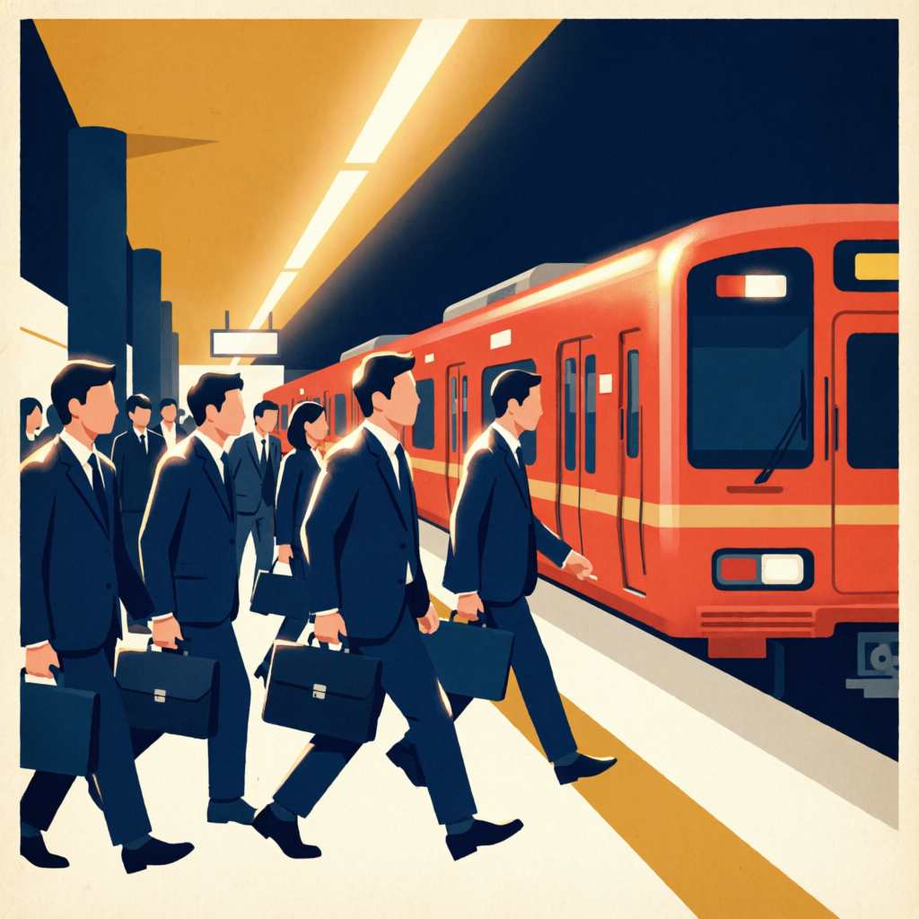 早朝の通勤電車ホームを歩くスーツ姿の会社員たちを描いたイラスト